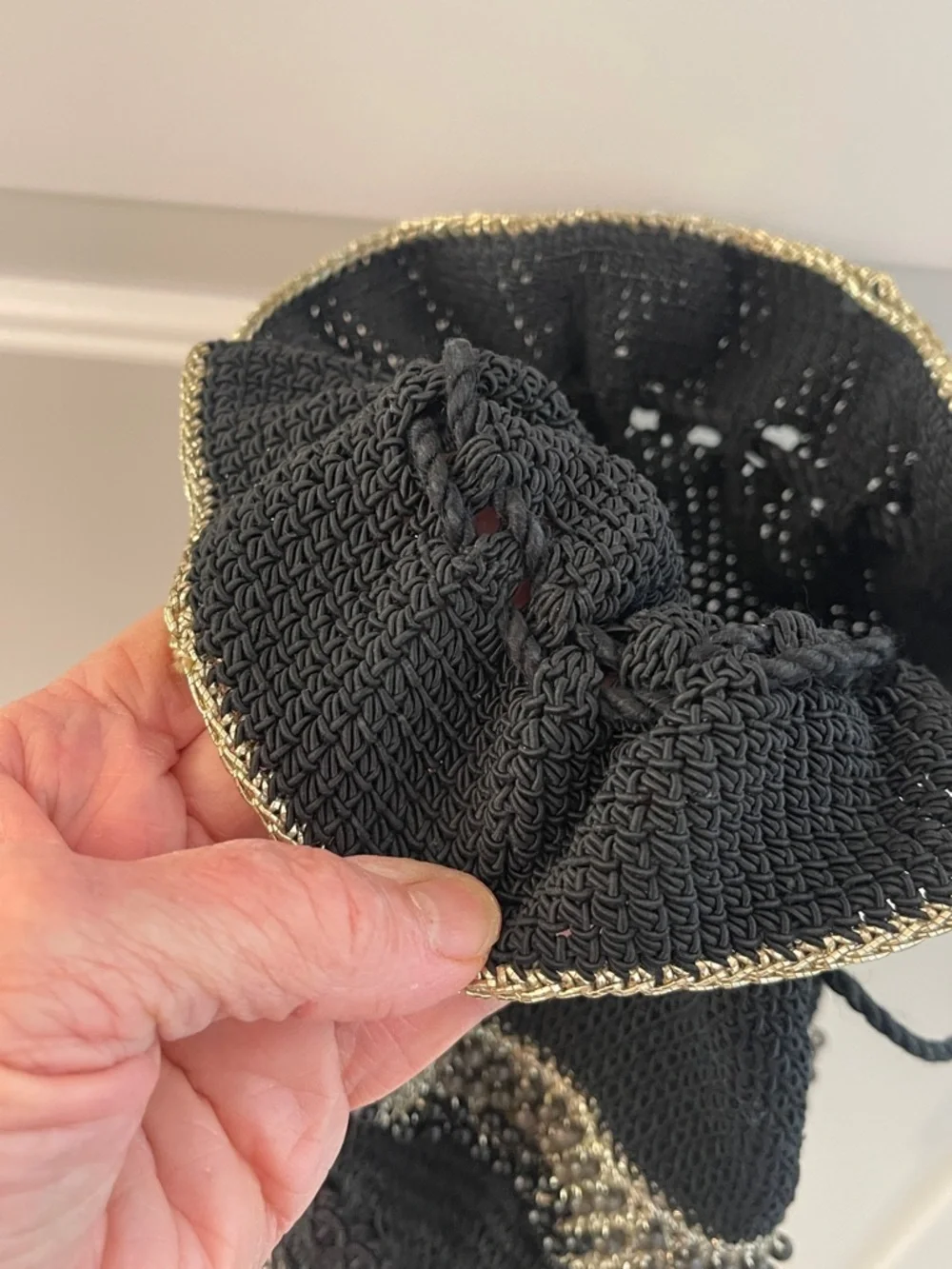 Boho Macramé Black Beaded Fringe Drawstring Satchel / resin bottom